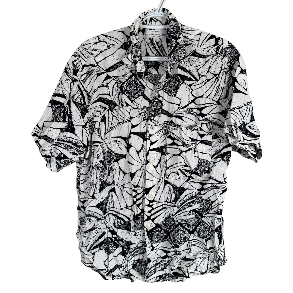 Vintage Guess Georges Marciano Button Up Shirt Mens L White Black Floral Rayon
